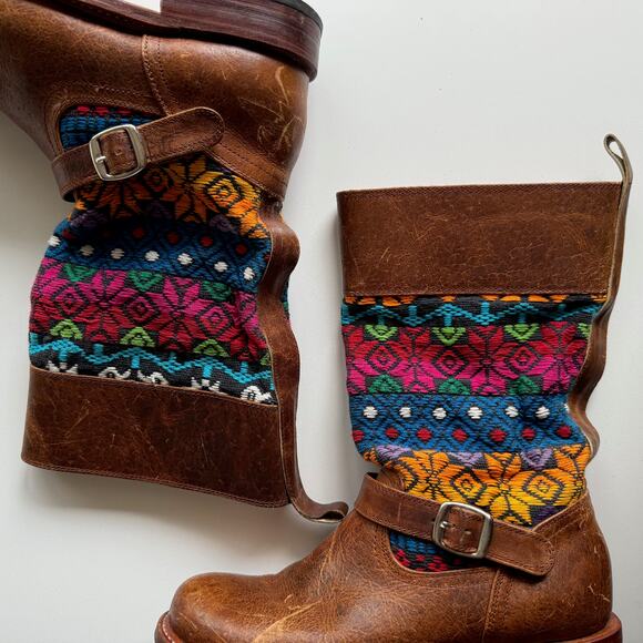 Colorful Huipil and Brown Leather Round Toe Engineer Buckle Boots EU 37 US 6 6.5 - Picture 3 of 7